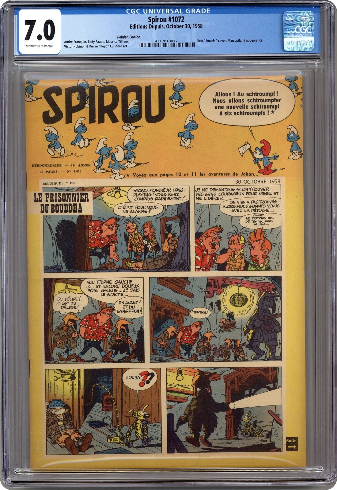 Spirou #1072 Belgian Price Variant CGC 7.0 1958 4217818017 2nd app. Smurfs