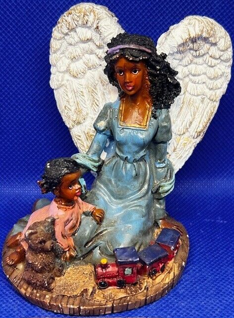 Vintage African American Black Angel w/ Child, Teddy Bear & Trainset Figurine