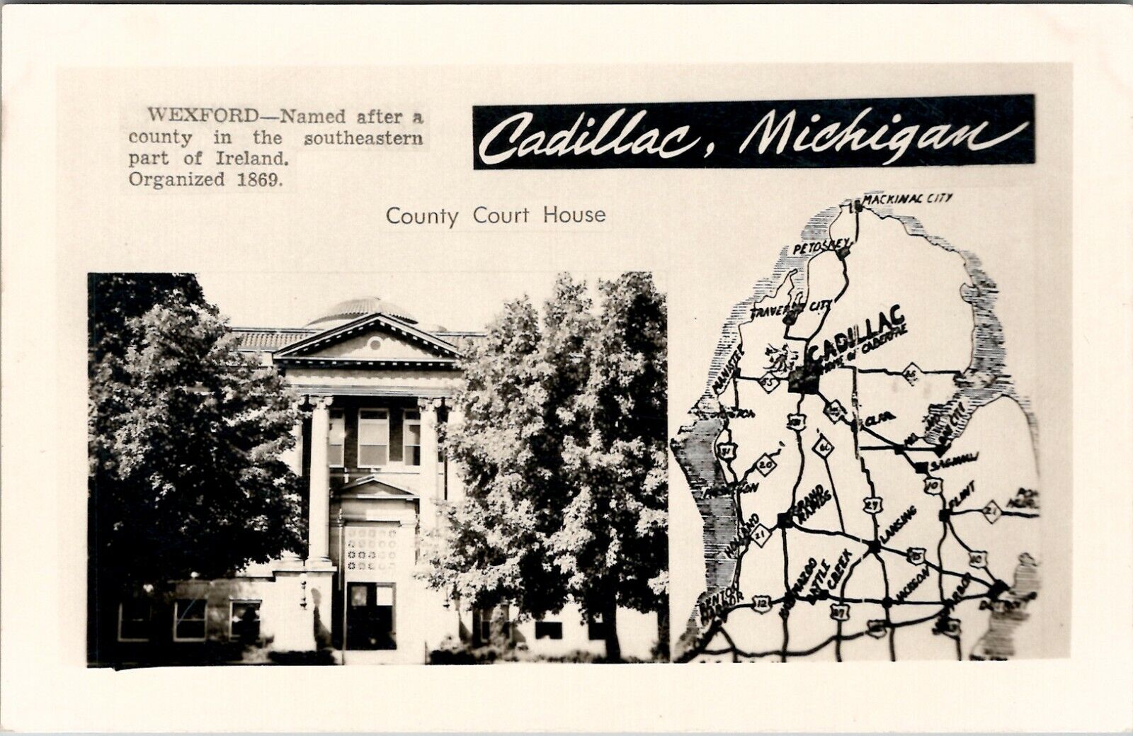 Cadillac Michigan Wexford County Courthouse RPPC With Map Postcard V17