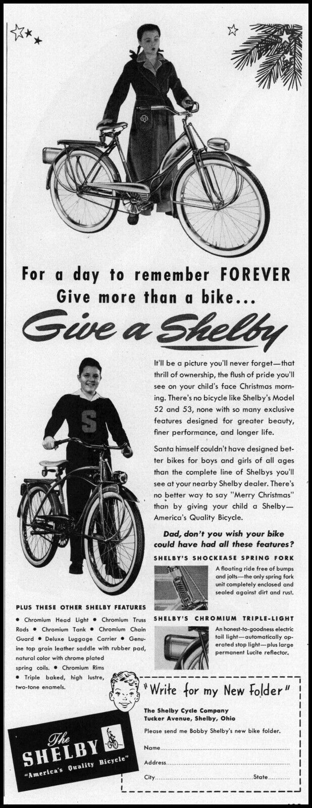 1948 Shelby Bicycles boys & girls Christmas gifts vintage photo print ad L50