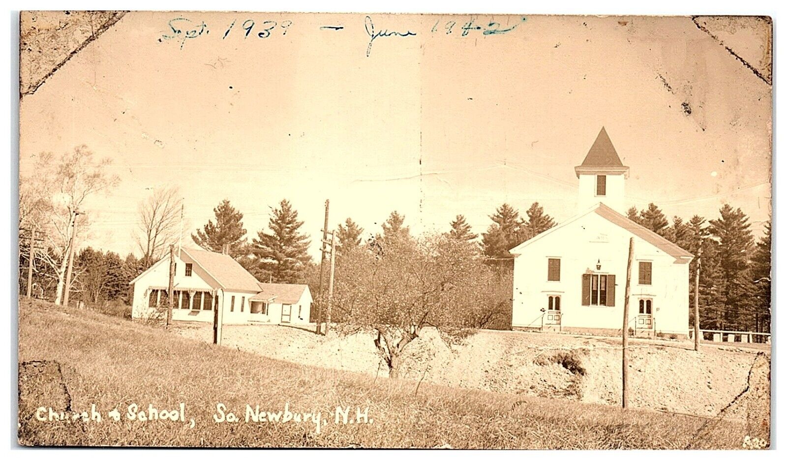 RPPC Church & School South Newbury New Hampshire Merrimack EKC Postcard Unposted