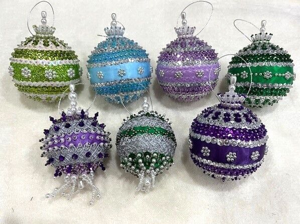 Lot# 15 - 7 Hand Made Vintage Beaded Christmas Ornaments-Lace-Satin-Pearls-NICE