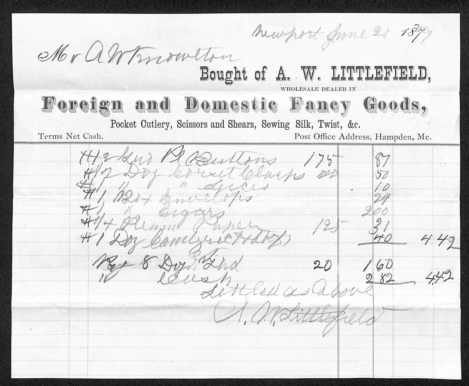 1879 A.W. Knowlton* Newburgh, ME A.W. Littlefield Newport Fancy Goods Billhead