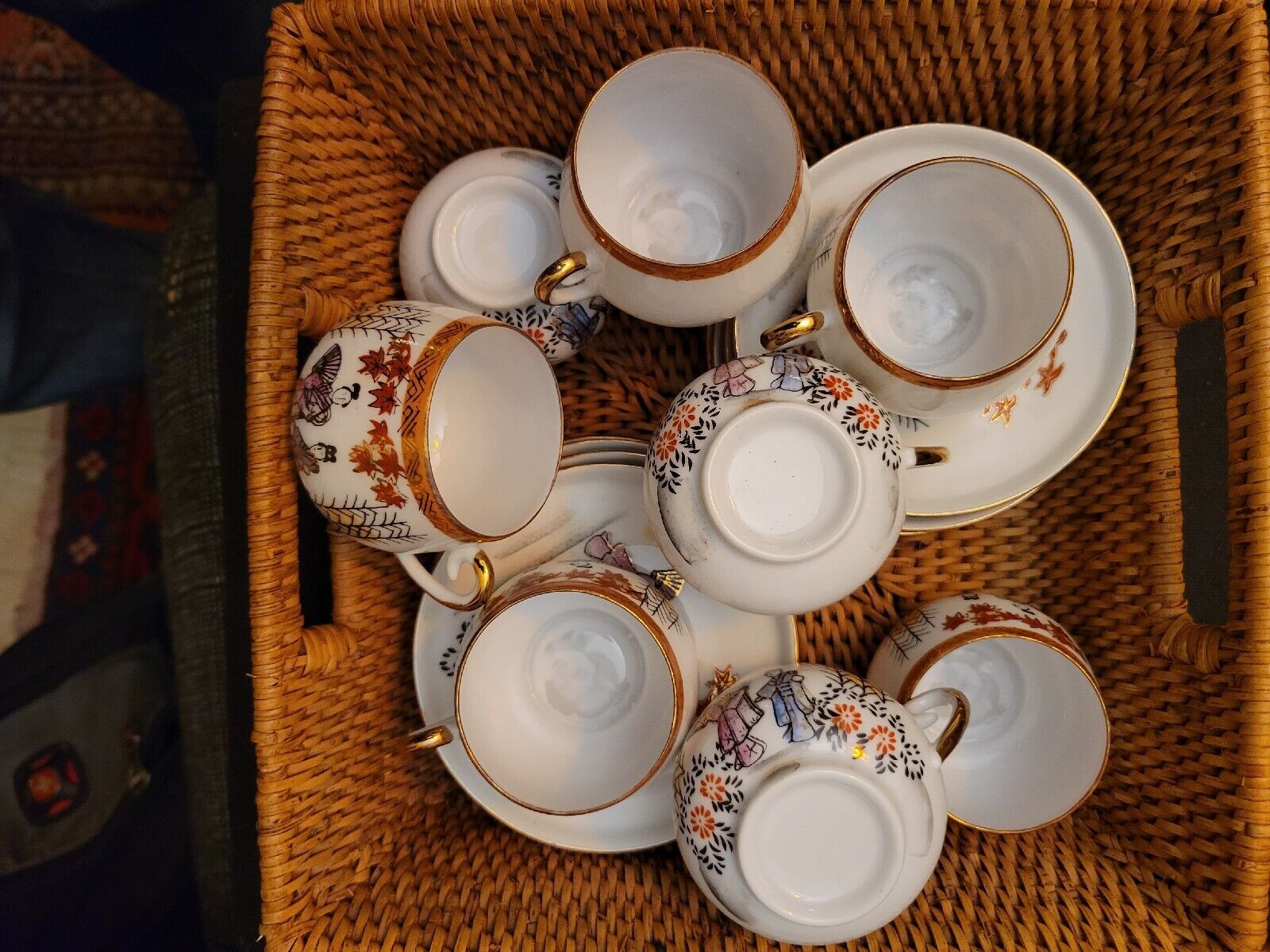 Japanese Fine Porcelain Geisha Lithophane Cups and Saucers. Set of 8