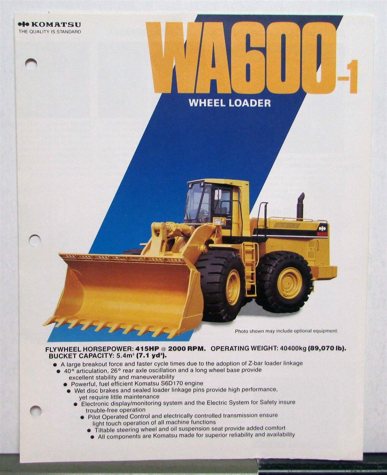 1986 Komatsu WA600-1 Wheel Loader Specifications Construction Sales Brochure