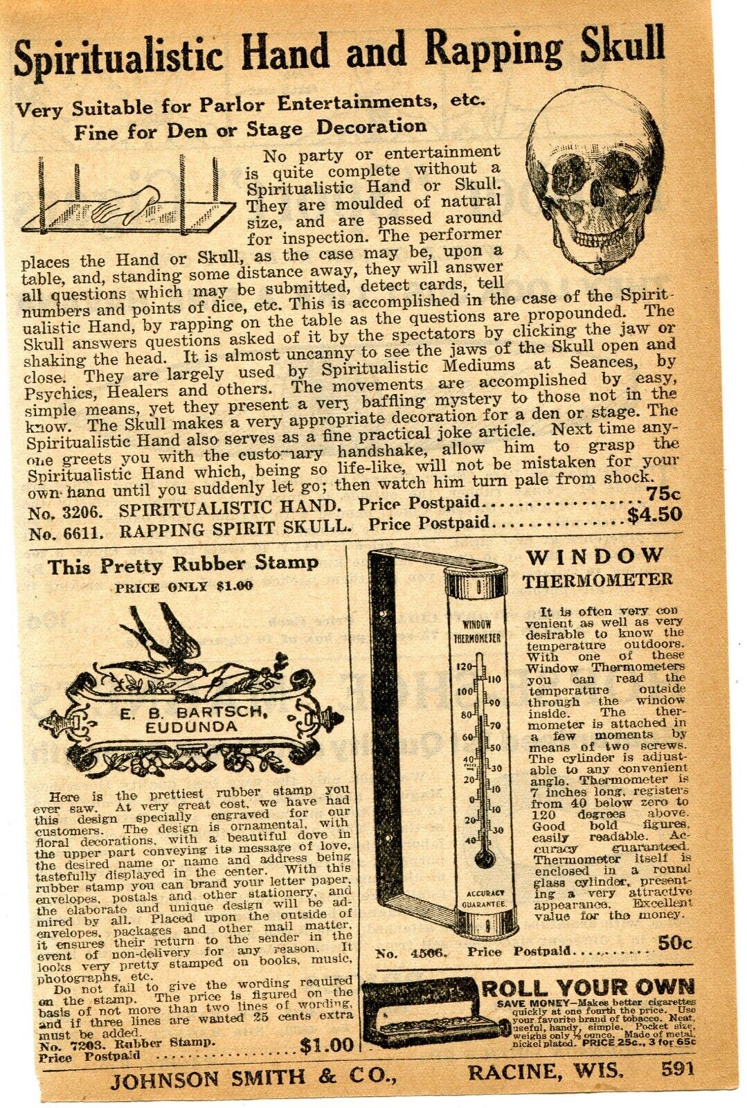 1933 small Print Ad of Spiritualistic Hand & Rapping Spirit Skull