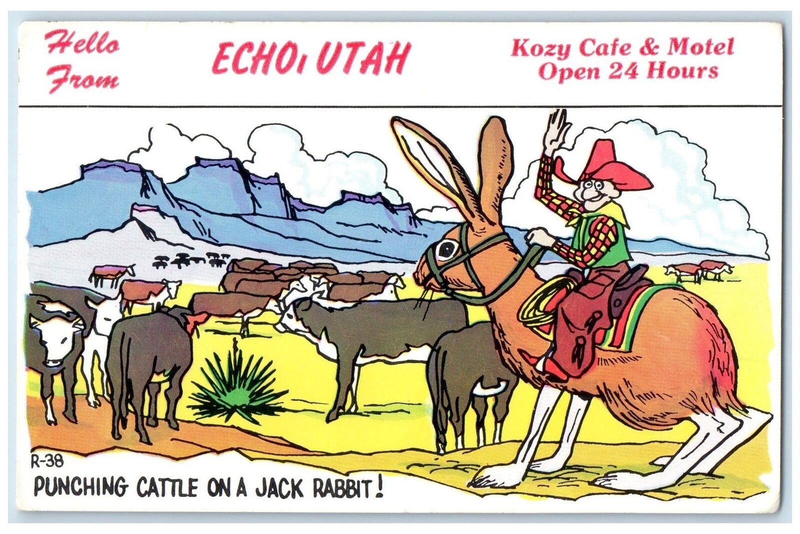 c1940's Hello From Kozy Cafe And Motel Rabbit & Cows Echo Utah Unposted Postcard