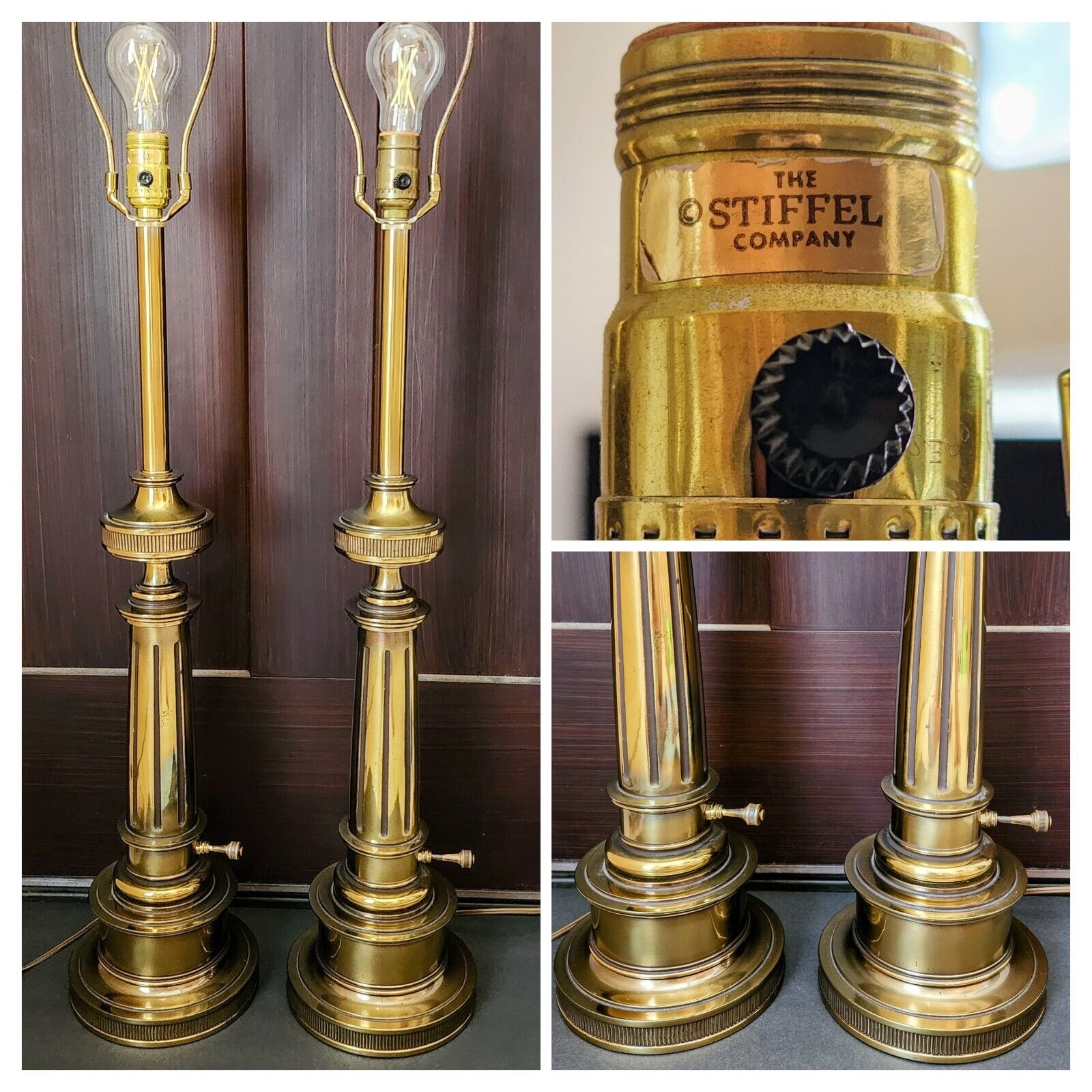 Pair (2) Vintage STIFFEL Mid-Century Heavy Brass Table Lamps Black Enamel Accent