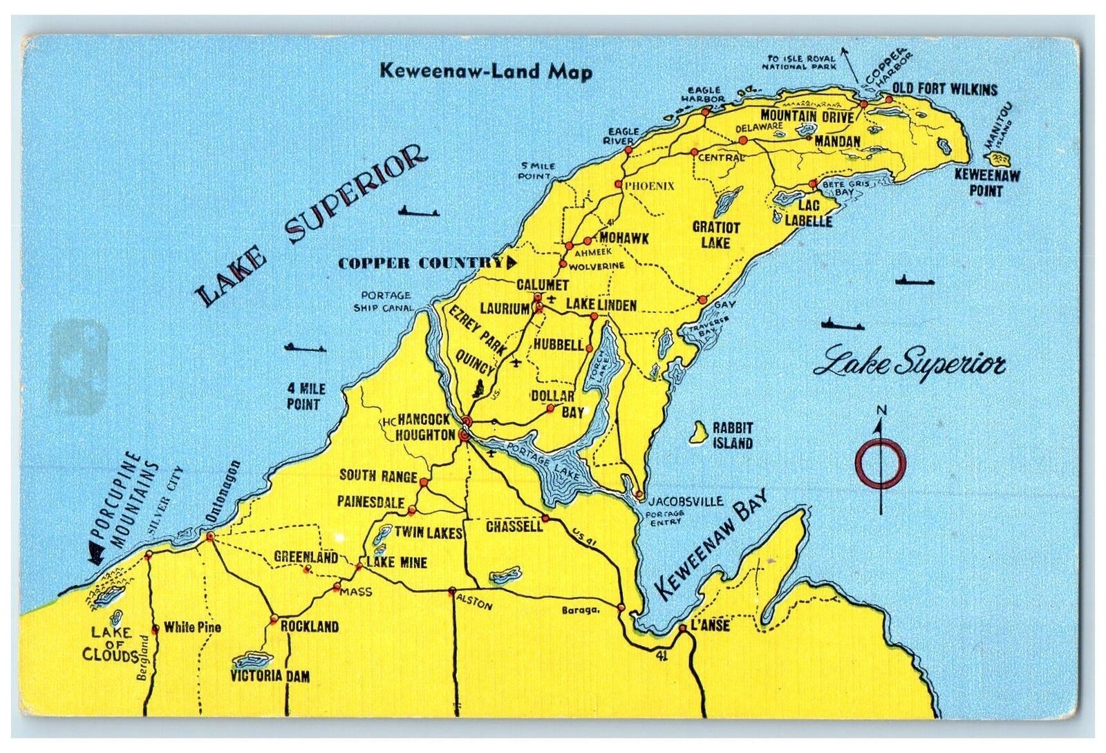 c1940's Keweenaw Land Map Lake Superior Michigan MI Unposted Vintage Postcard