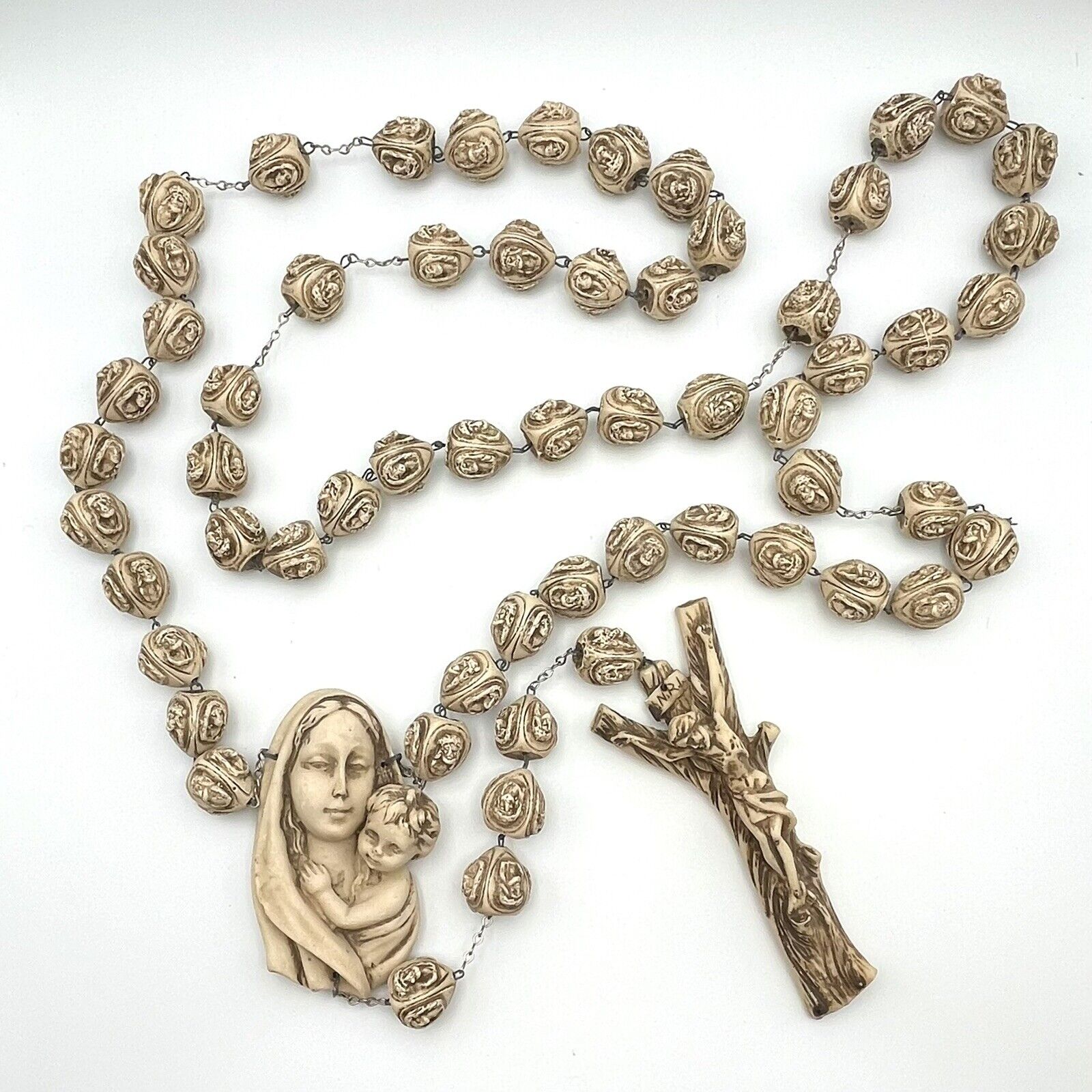 Vtg 86”Roman Large Wall Hanging ROSARY Carved Resin Crucifix & Mary/Baby Jesus