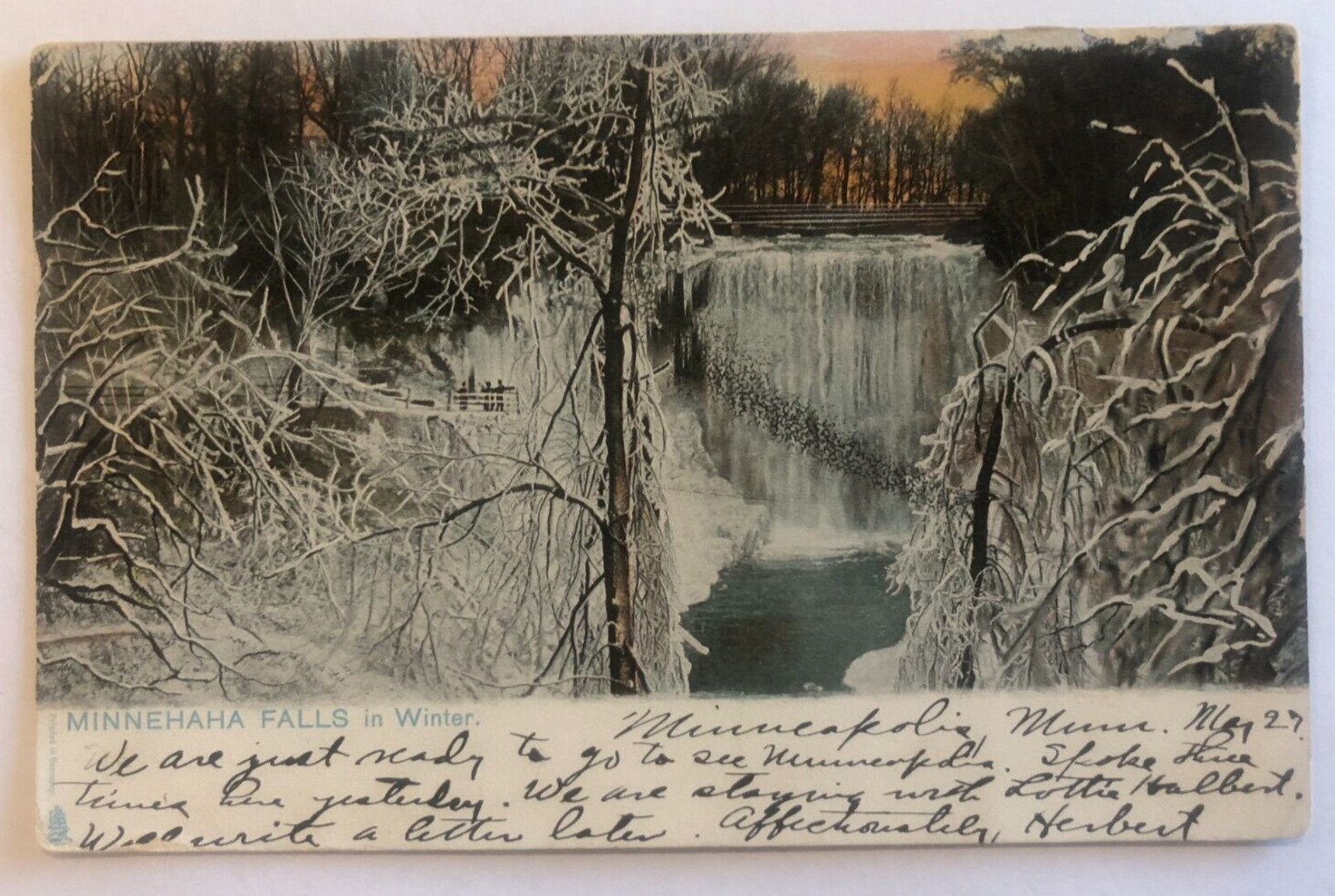 View of Minnehaha Falls in Winter - Vintage Postcard - posted 1910 Undivided