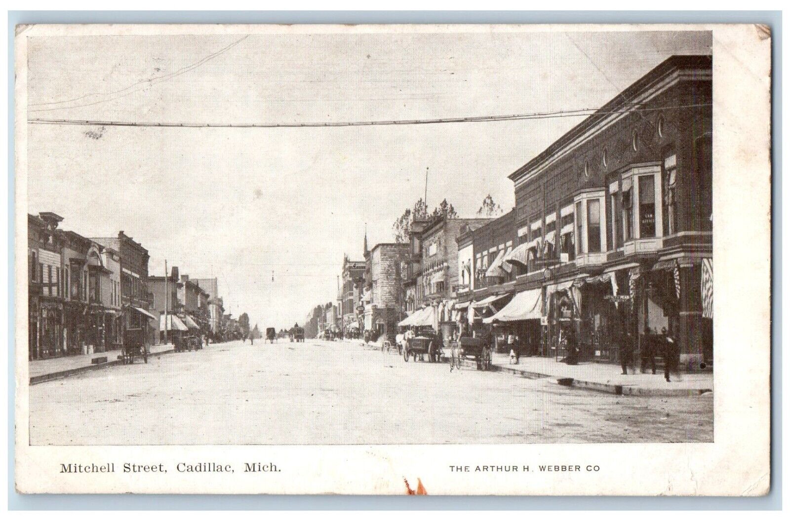 Cadillac Michigan MI Postcard Mitchell Street Buildings Road Horse Carriage 1908