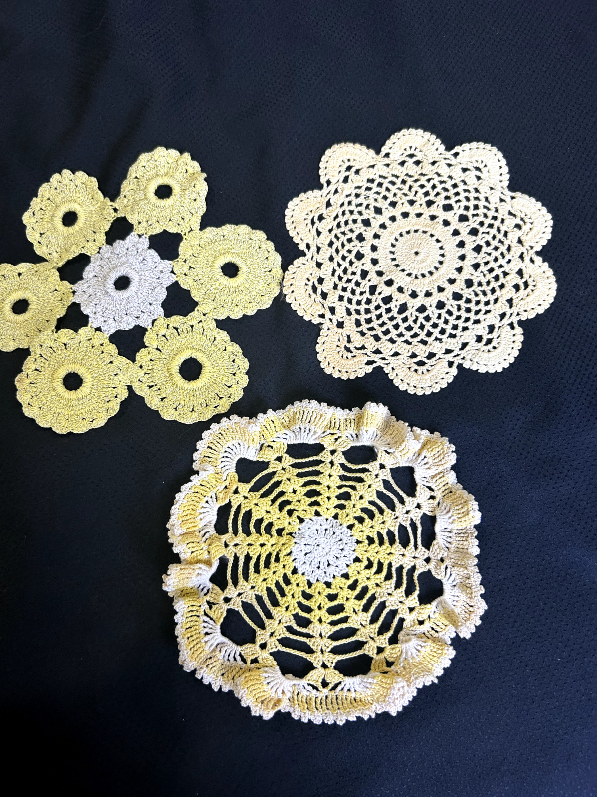Vintage Mid Century Hand Crocheted Doilies Lot of 3 Yellow Scalloped 9\