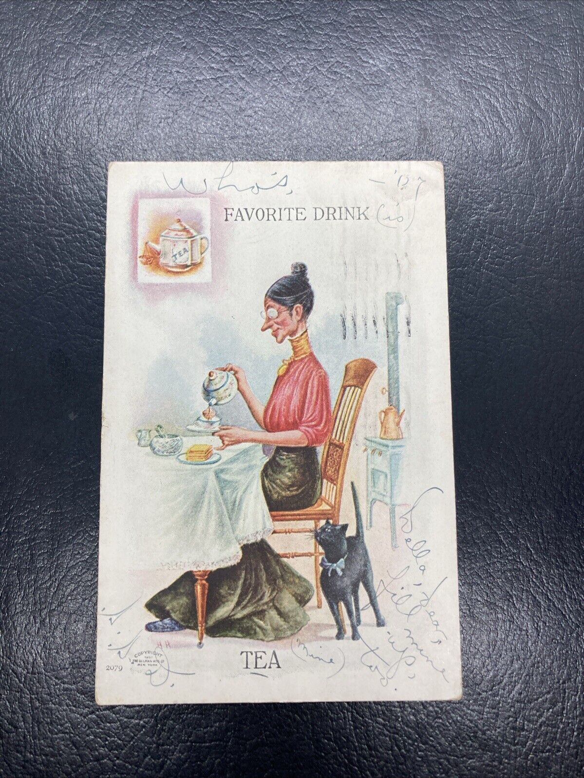 1907 Old Lady , Black Cat  Favorite Drink Tea Greeting Postcard