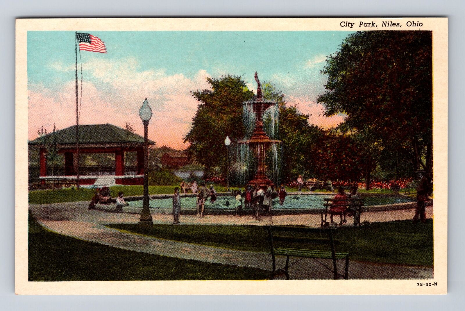 Niles OH-Ohio, City Park, Fountain, Antique Vintage Souvenir Postcard