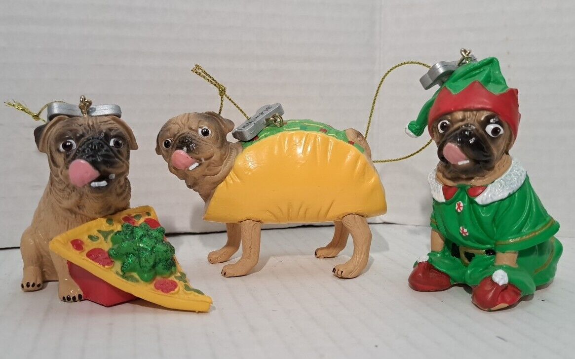 Doug The Pug Christmas Tree Ornament 3pc Dog Ornaments Elf Taco Pizza 