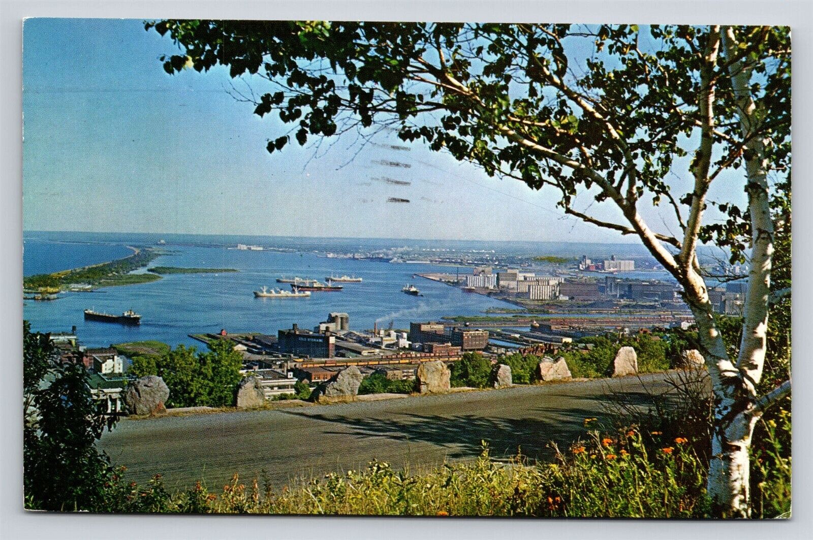 Duluth MN Boulevard Drive View of Duluth Superior Harbor Ships Vtg Postcard 60s