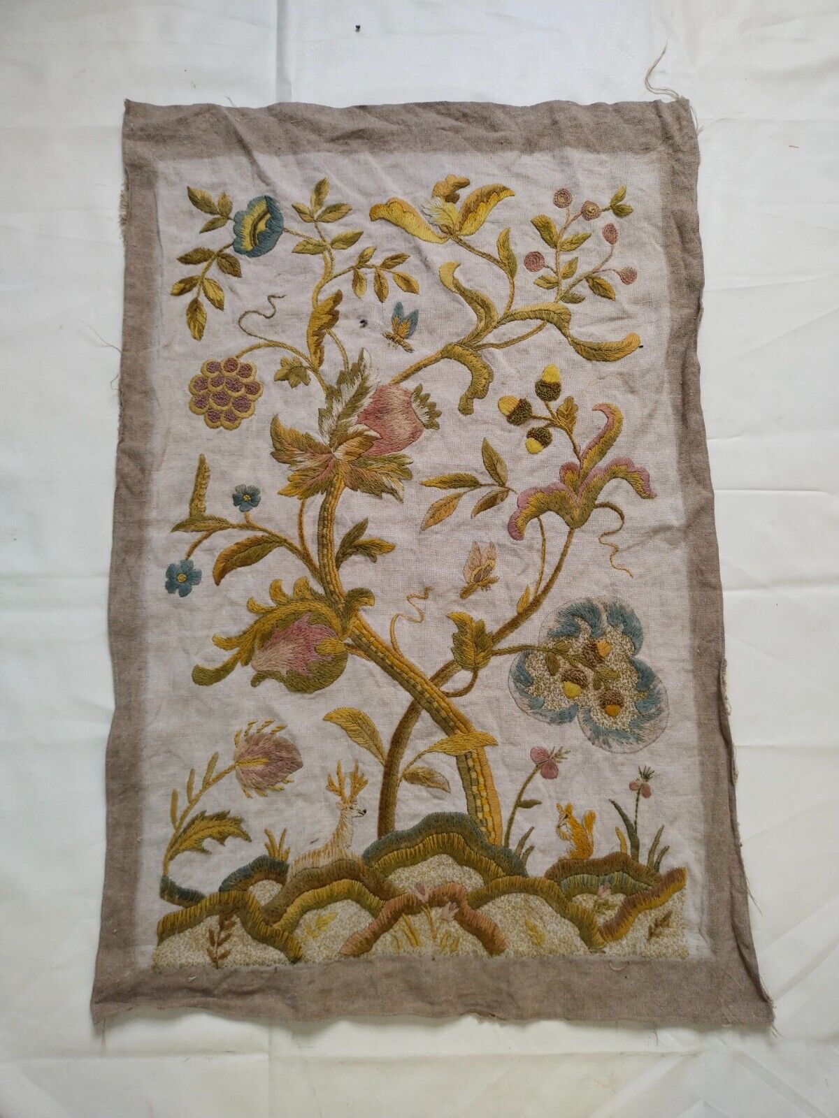 antique fabulous Jacobean Crewel embroidery needlework textile panel item1062
