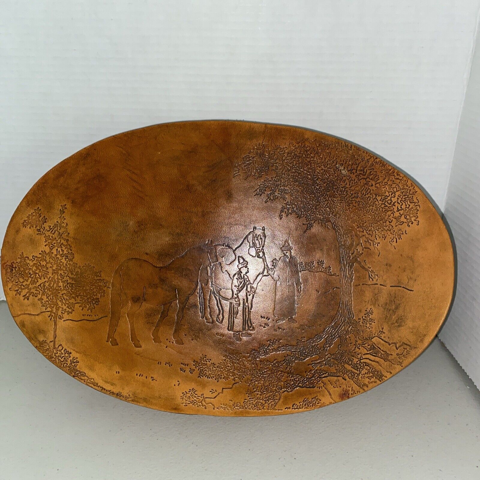Vintage Wildwood Leather Over Wood Large Oval Box 13” X 9” Embossed Horses & Men