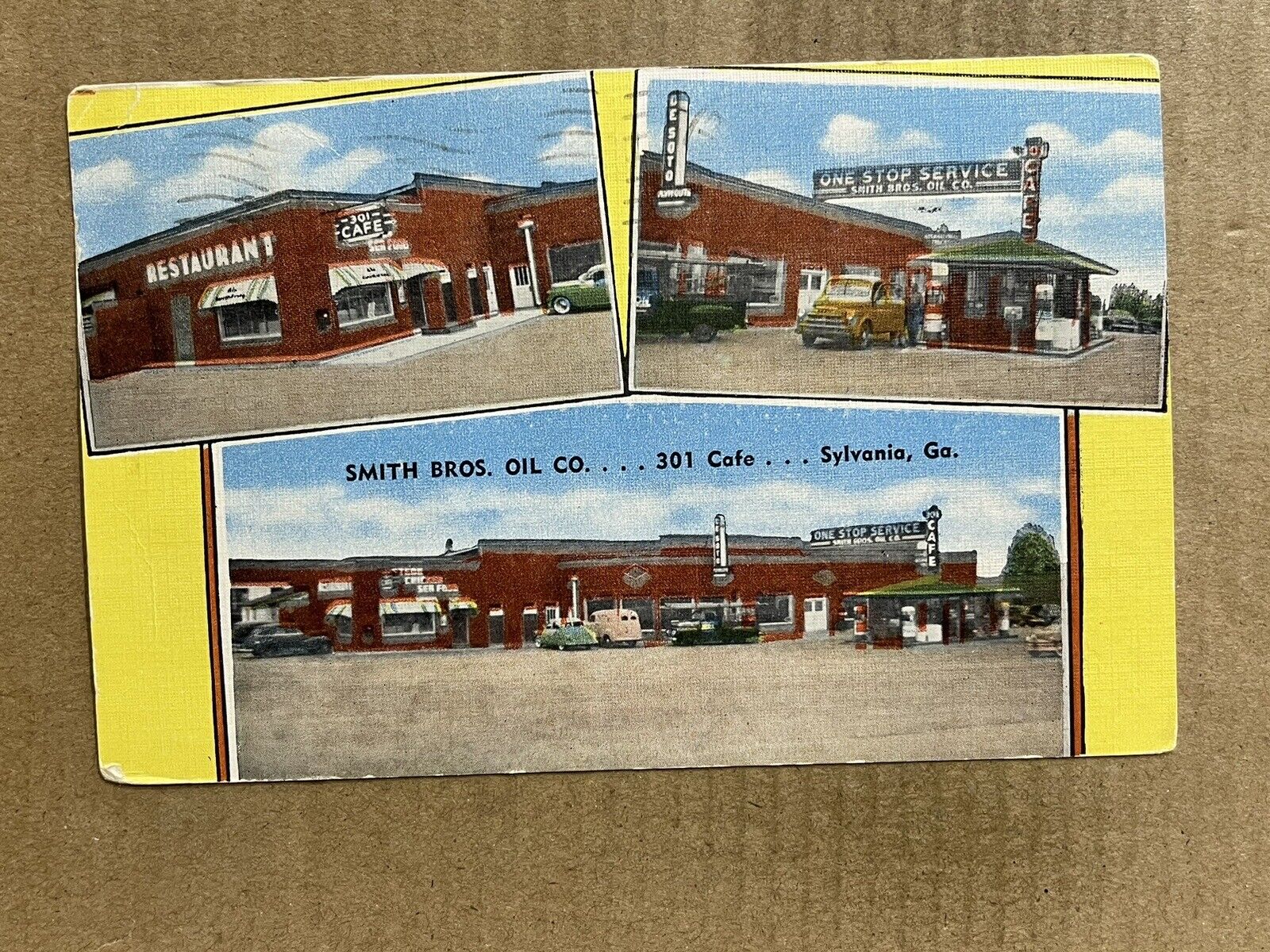 Postcard Sylvania GA Georgia Smith Brothers Oil Gas Station Restaurant Roadside