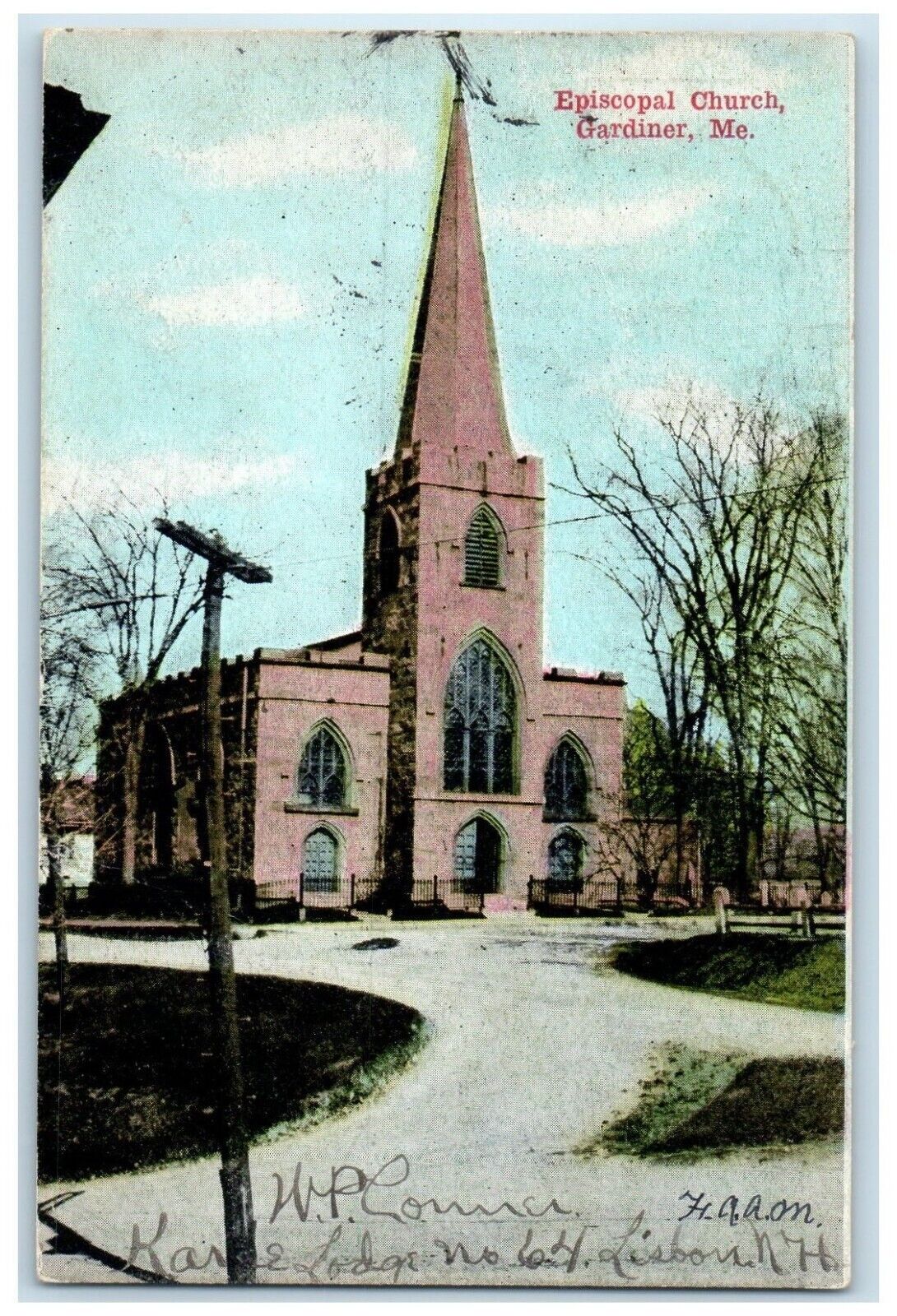 c1910's Episcopal Church Scene Street Gardiner Maine ME Antique RPO Postcard