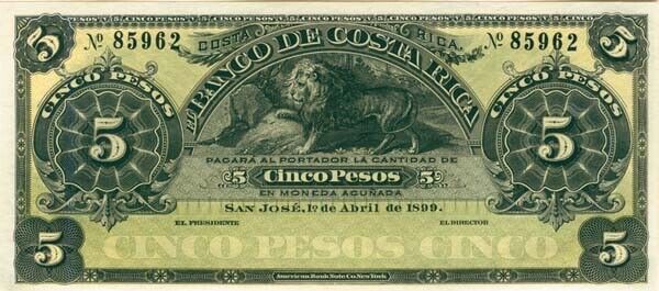 Costa Rica - 5 Pesos, Unsigned - P-S163r1 - 1899 dated Foreign Paper Money - Pap