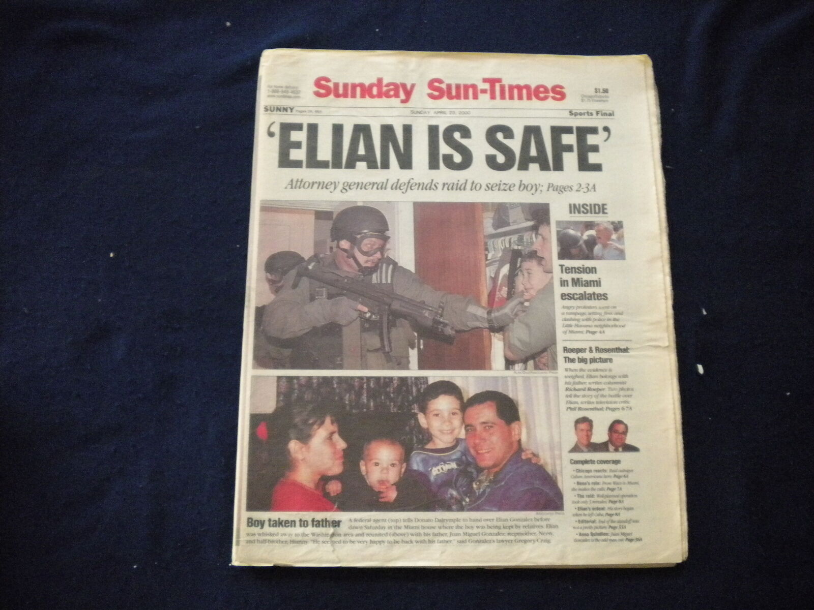 2000 APRIL 23 CHICAGO SUN-TIMES NEWSPAPER - ELIAN GONZALEZ IS SAFE - NP 5938