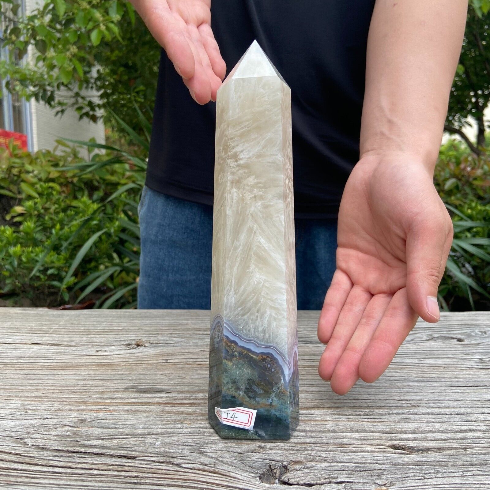 2.2LB 9.3\'\' Natural Moss Agate Obelisk Quartz Point Crystal Healing Decor Reiki