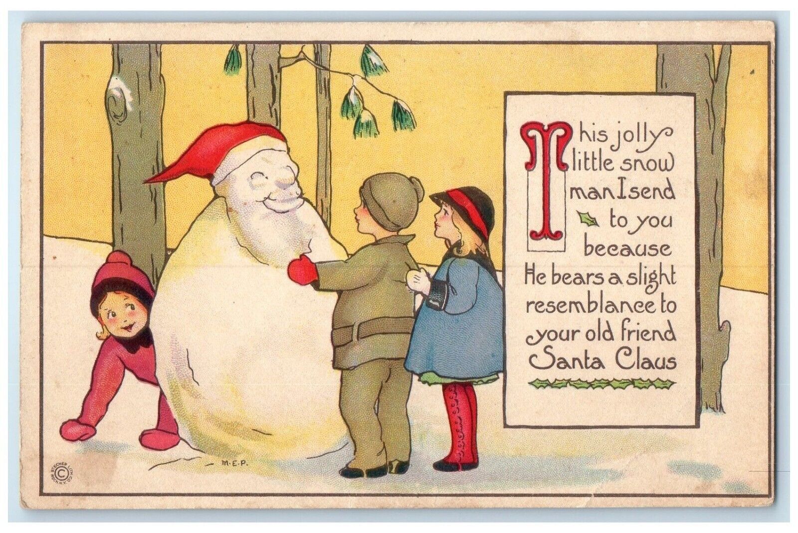 c1910's Christmas Santa Little Snowman Children Winter Posted Antique Postcard