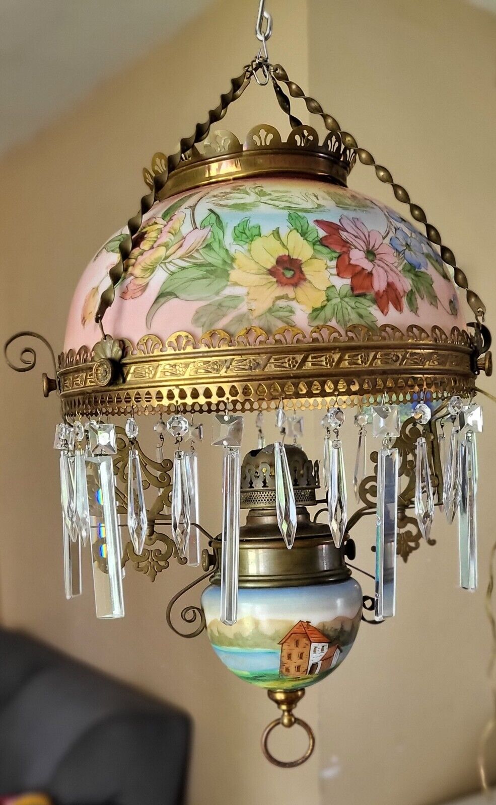 Victorian Hanging Oil Parlor  Library Lamp  1800s Hand Painted Brass Crystals