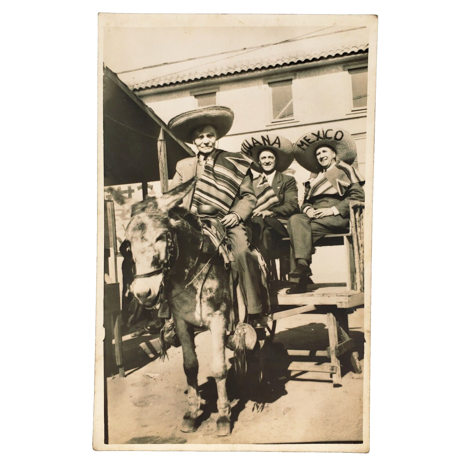 Tijuana Tourists Wearing Sombreros RPPC Postcard 1920s Mexico Burro Ride A4458
