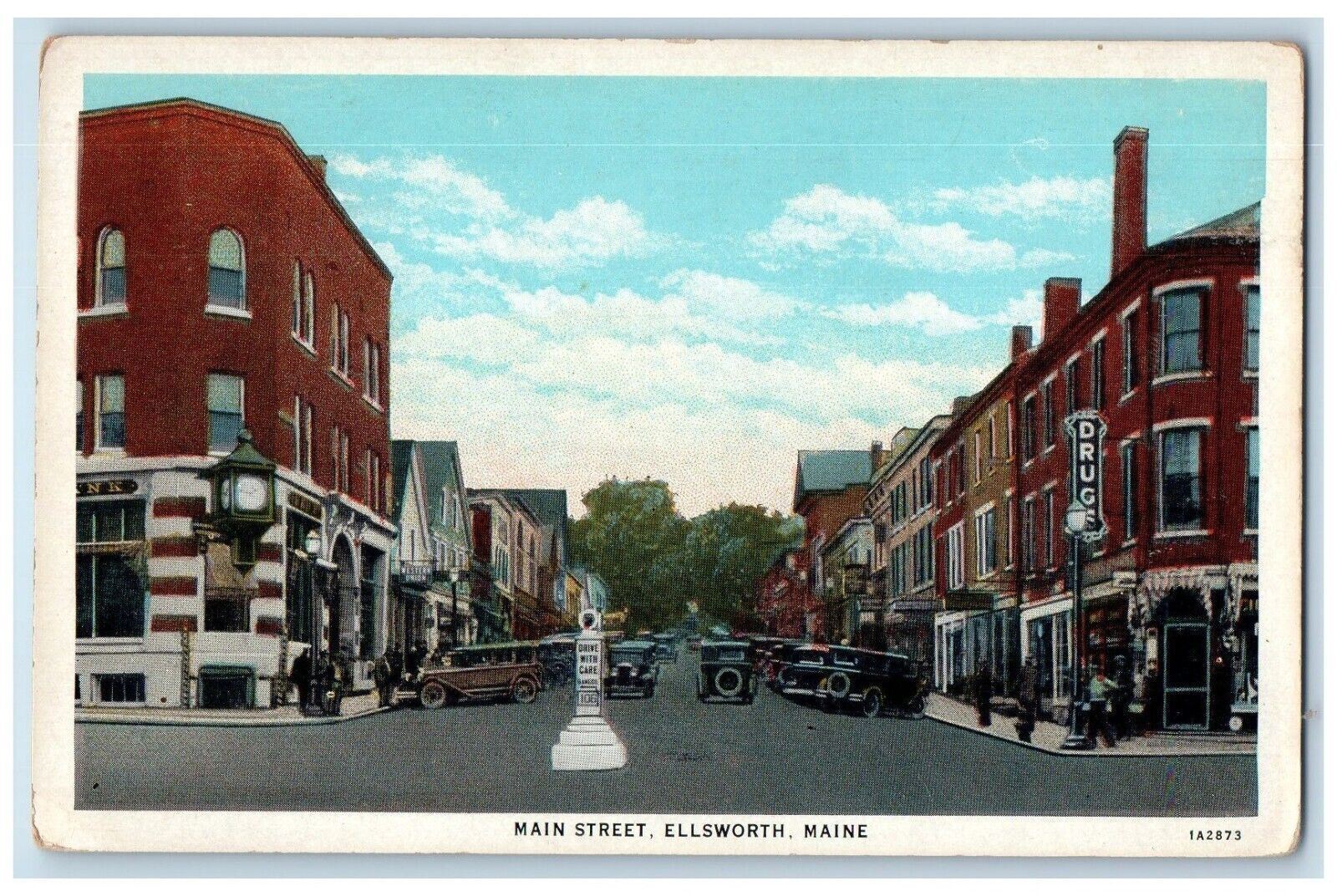 c1930\'s Main Street Cars Clock Western Union Drugs Store Ellsworth ME Postcard