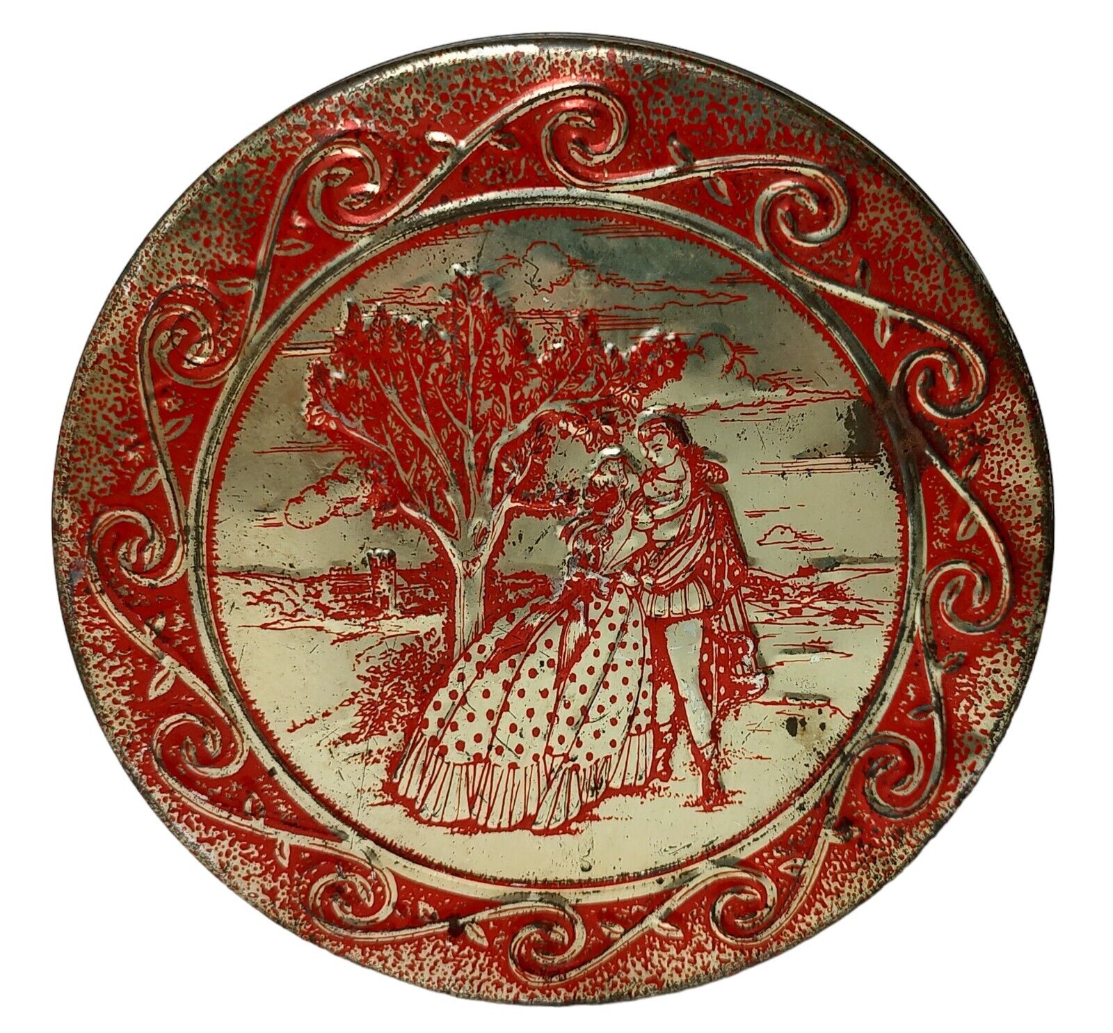 Vintage Embossed Tin Sweets Romantic Couple Red Gold Round 7 in Tin SEE