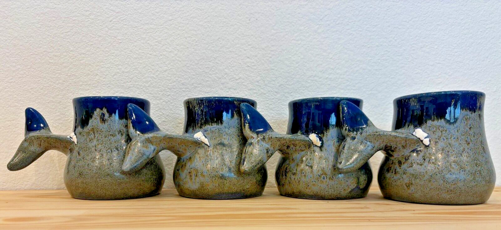 Vintage Doug Wylie Ceramic Whale Tail Coffee Mug Signed Set of 4 Rare