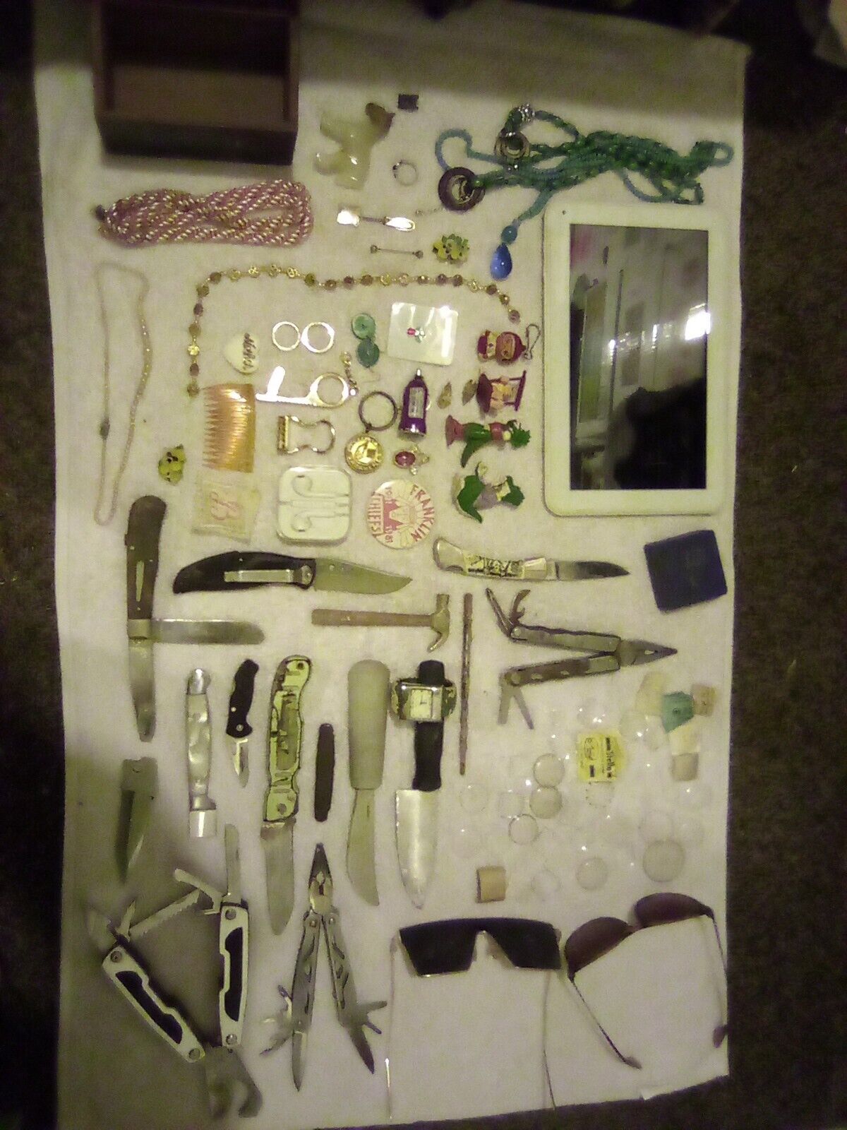 Vintage junk drawer Lot Knives Multi Tool Jewelry Tablet Glasses Watch Faceplate