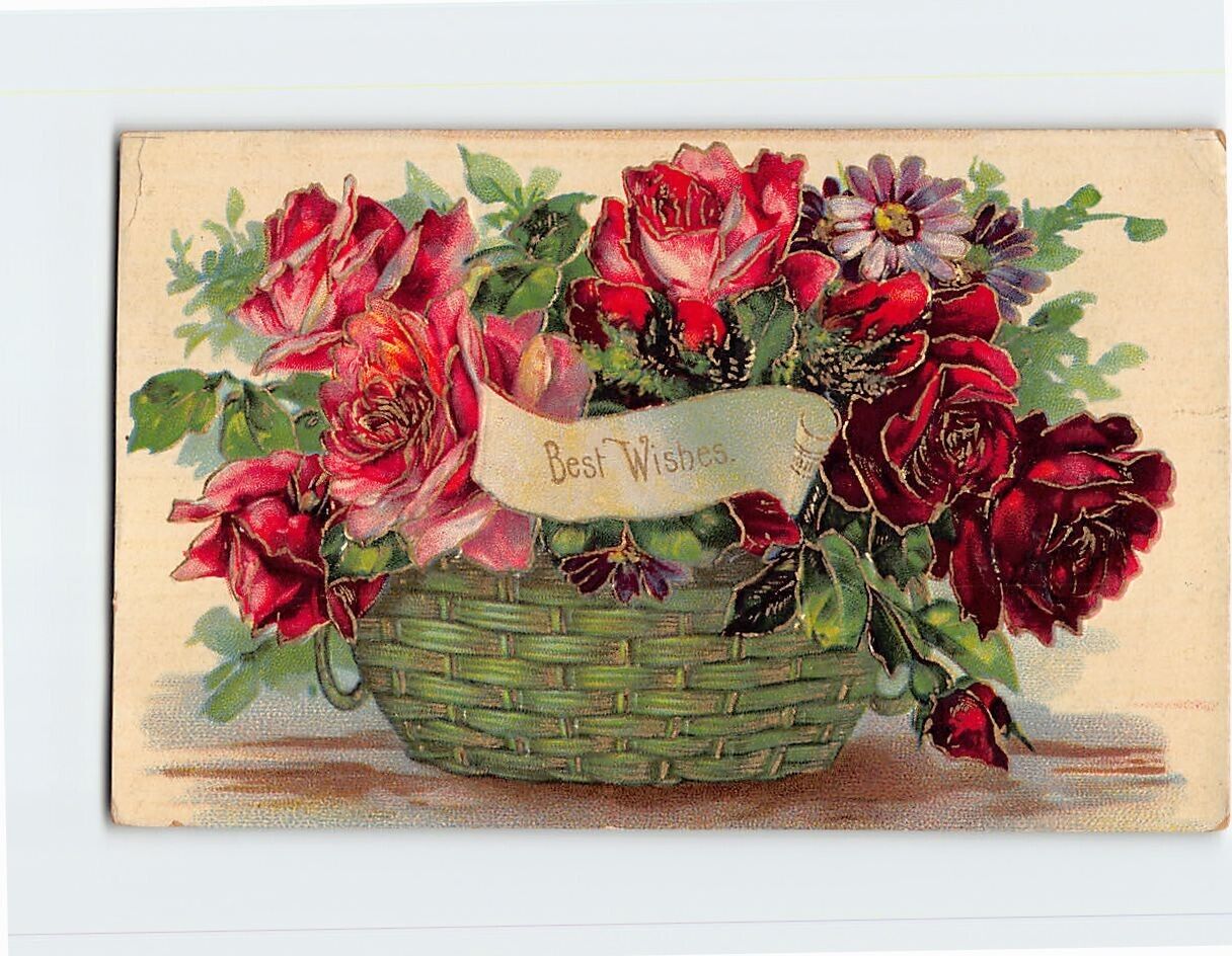 Postcard Best Wishes Flowers in a Basket Art Print Embossed Card