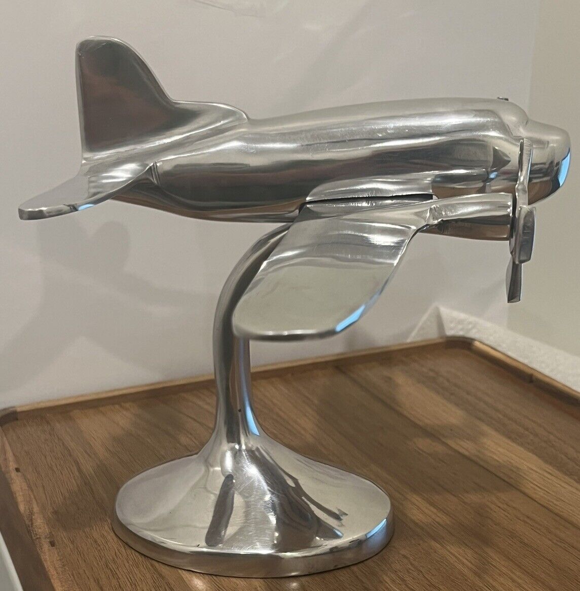 Vintage Art Deco aluminum Metal Prop Airplane Desk Model 13’ Wing Span sculpture