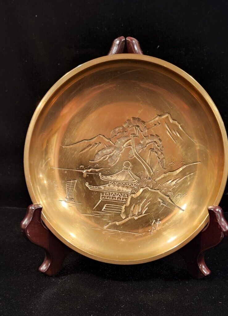 Nice Heavy Signed Brass Etched Asian Motif Collectors Plate -See Video