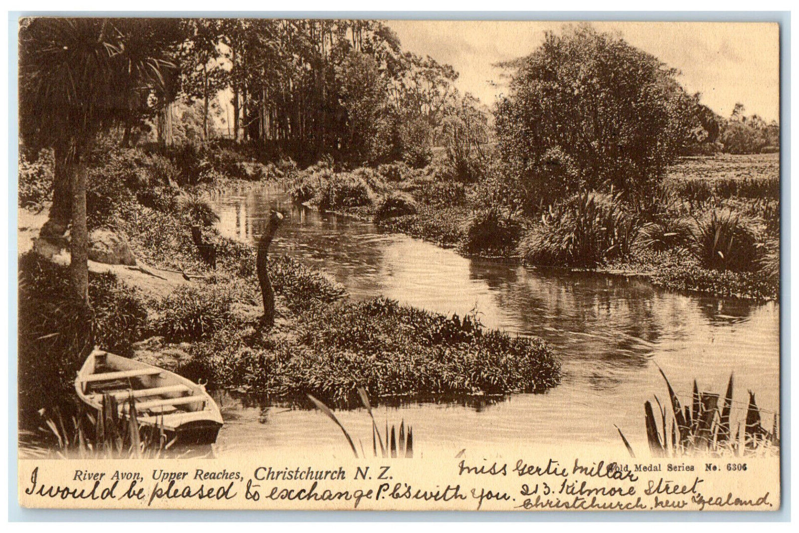 1907 River Avon Upper Reaches Christchurch New Zealand Antique Posted Postcard