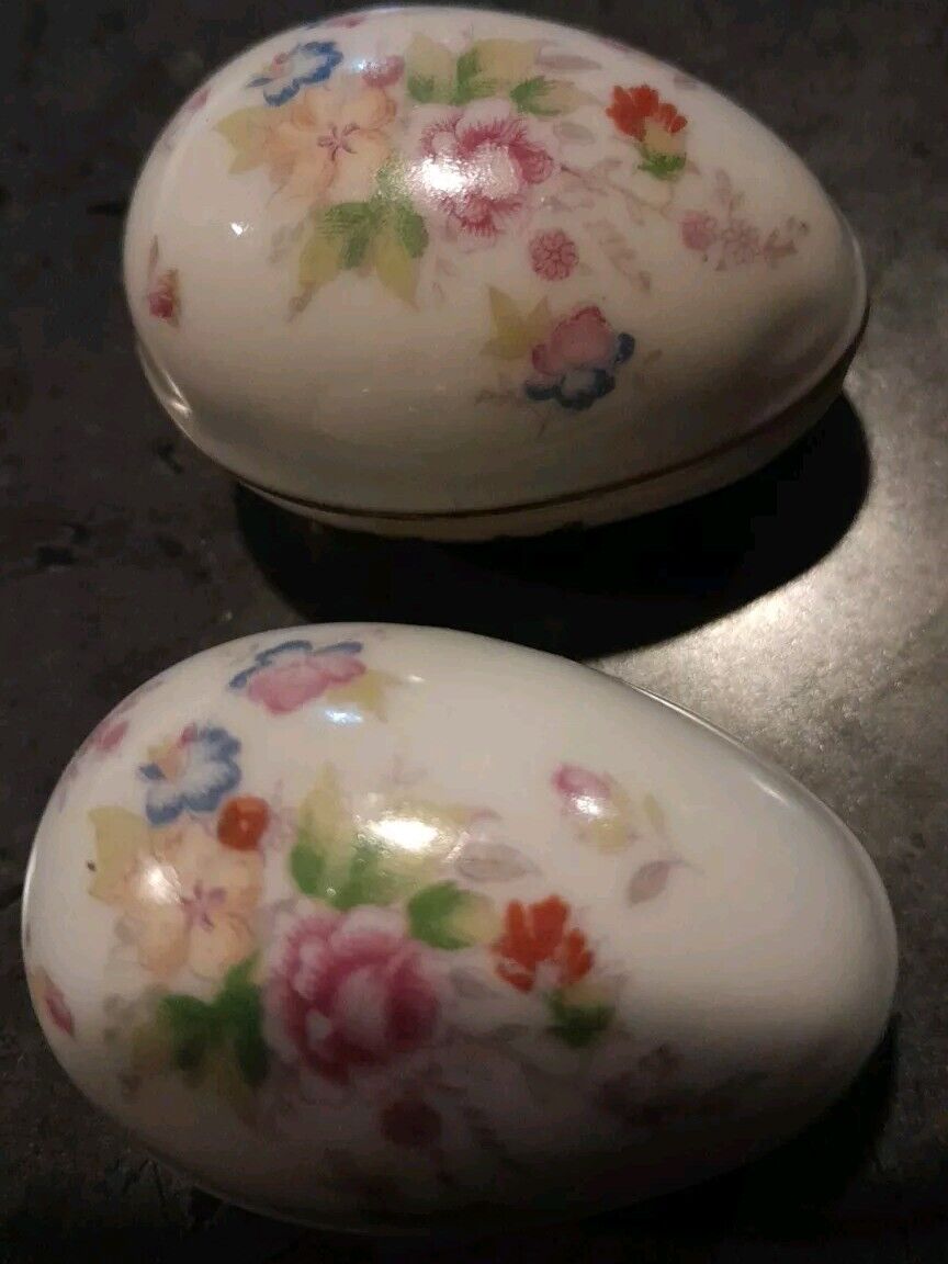 Pair Of Tiny Egg Shaped Trinket Boxes  Floral 2