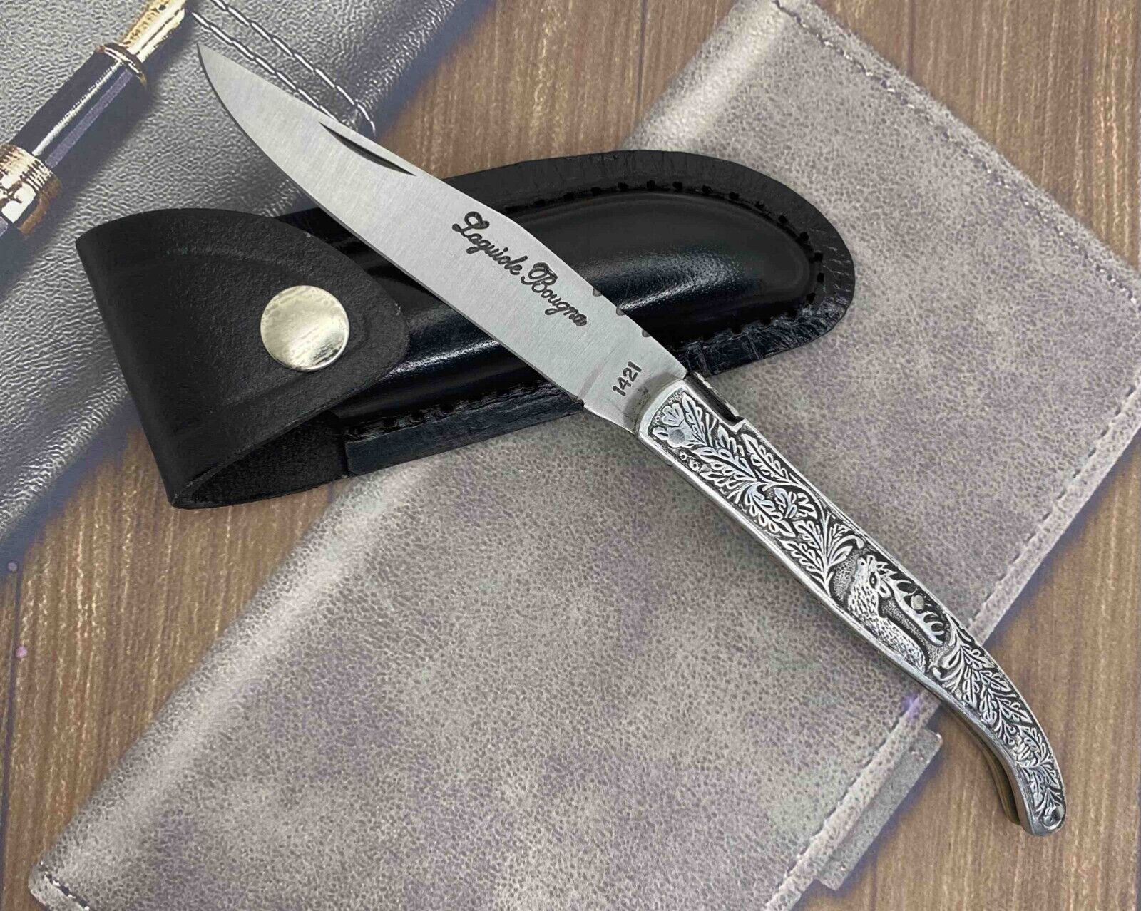 Vintage Laguiole Pocket Knife Blade Steel Metal Handle Sheath Mens Rare Old 20th