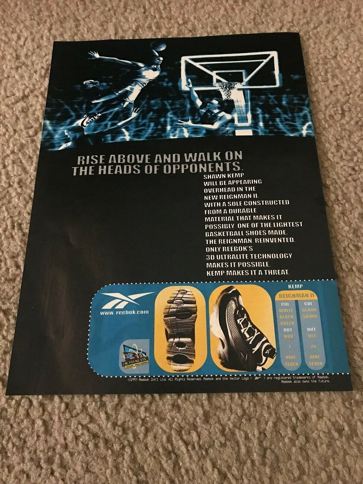 Vintage 1997 SHAWN KEMP REEBOK REIGNMAN II 2 Basketball Shoes Poster Print Ad