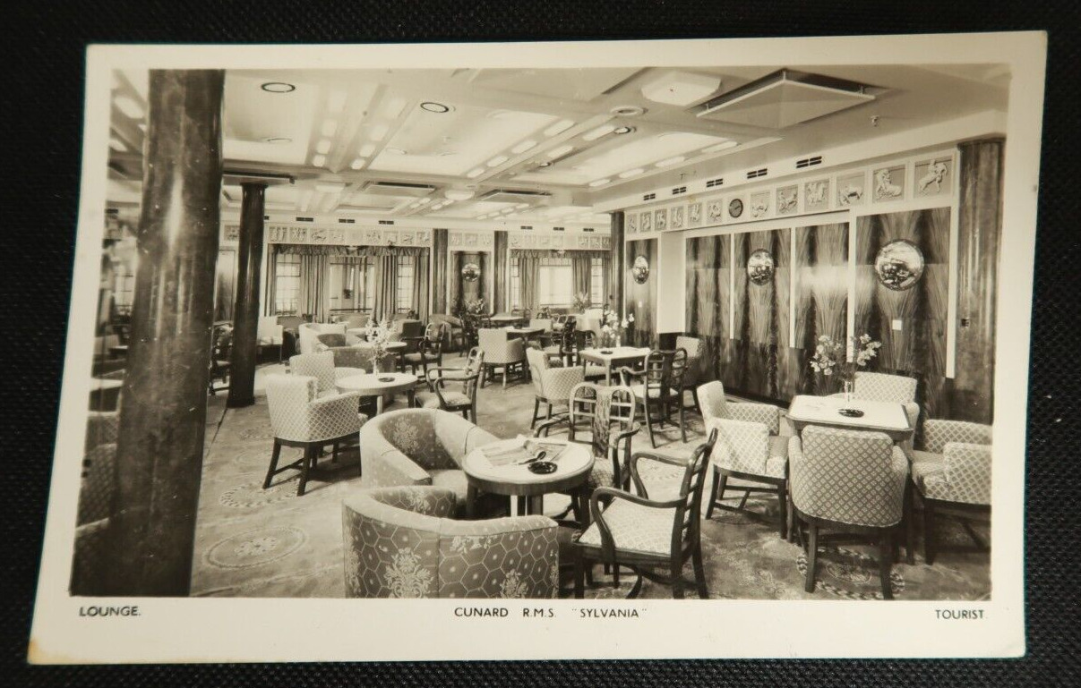 Cunard RMS Sylvania Lounge Postcard Steamship RPPC Ocean Liner Tourist Photo