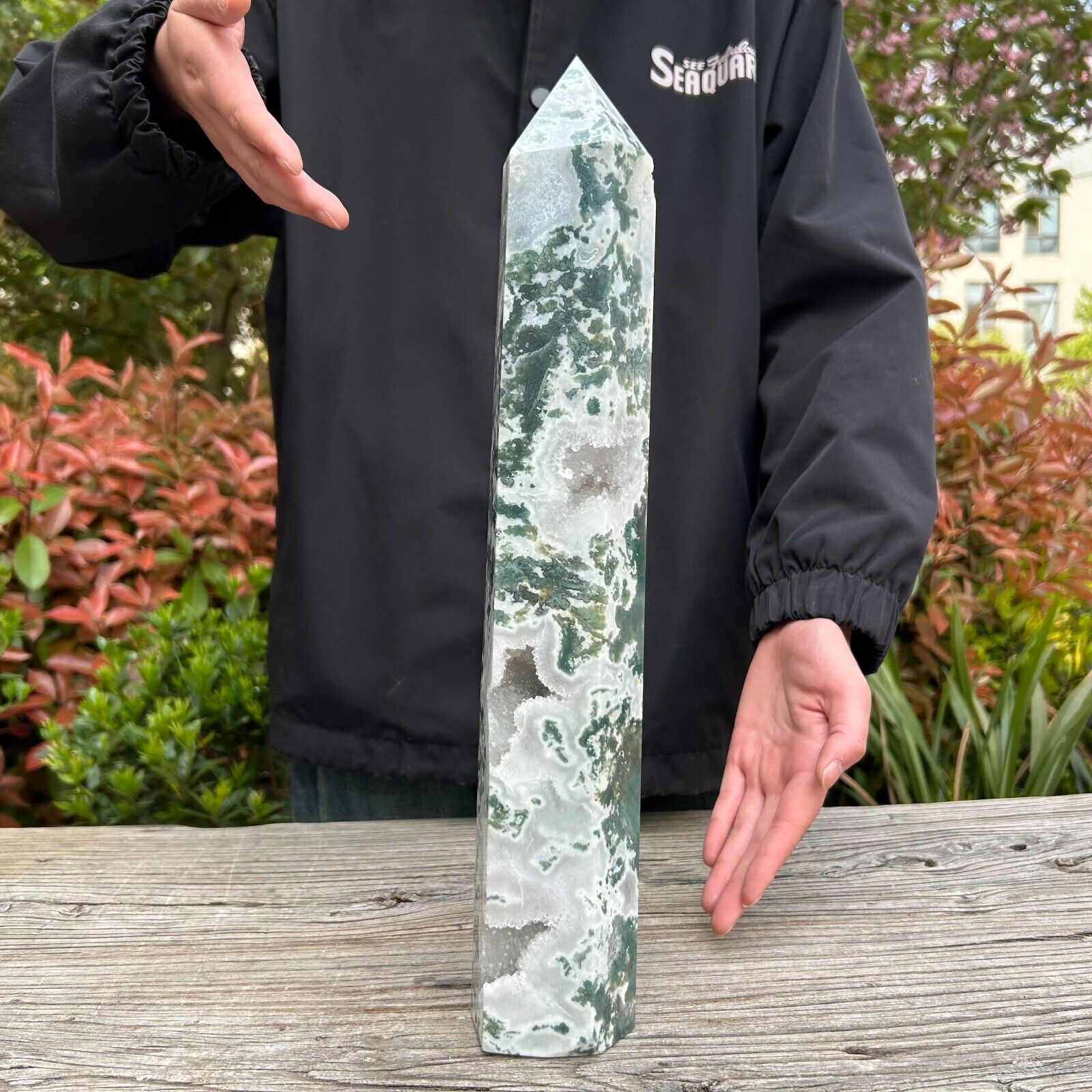 6.9LB 15.6'' Large Natural Moss Agate Crystal Reiki Healing Point Tower Obelisk