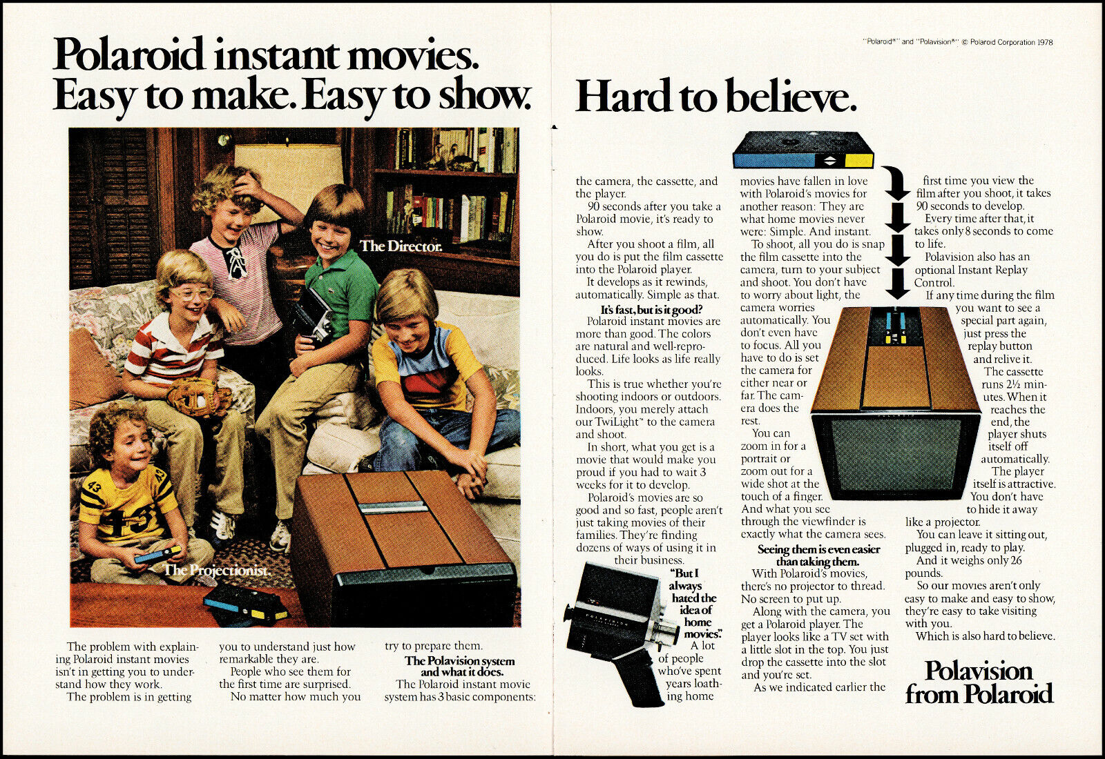 1978 Kids watching Polaroid Polavision movie system retro photo print ad S25