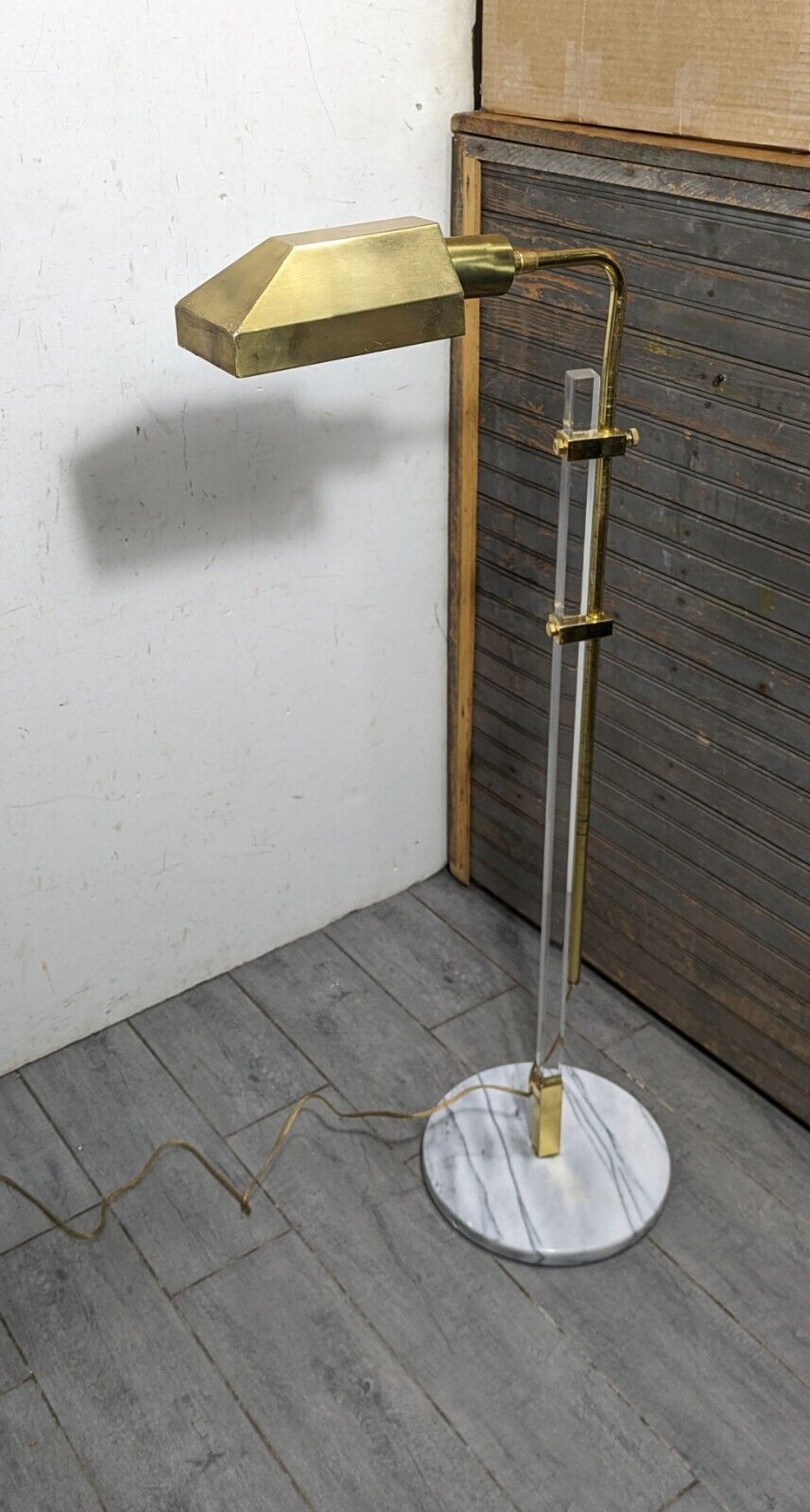 Vintage Brass Lucite Marble Adjustable Pharmacy Floor Lamp Mid Century Modern