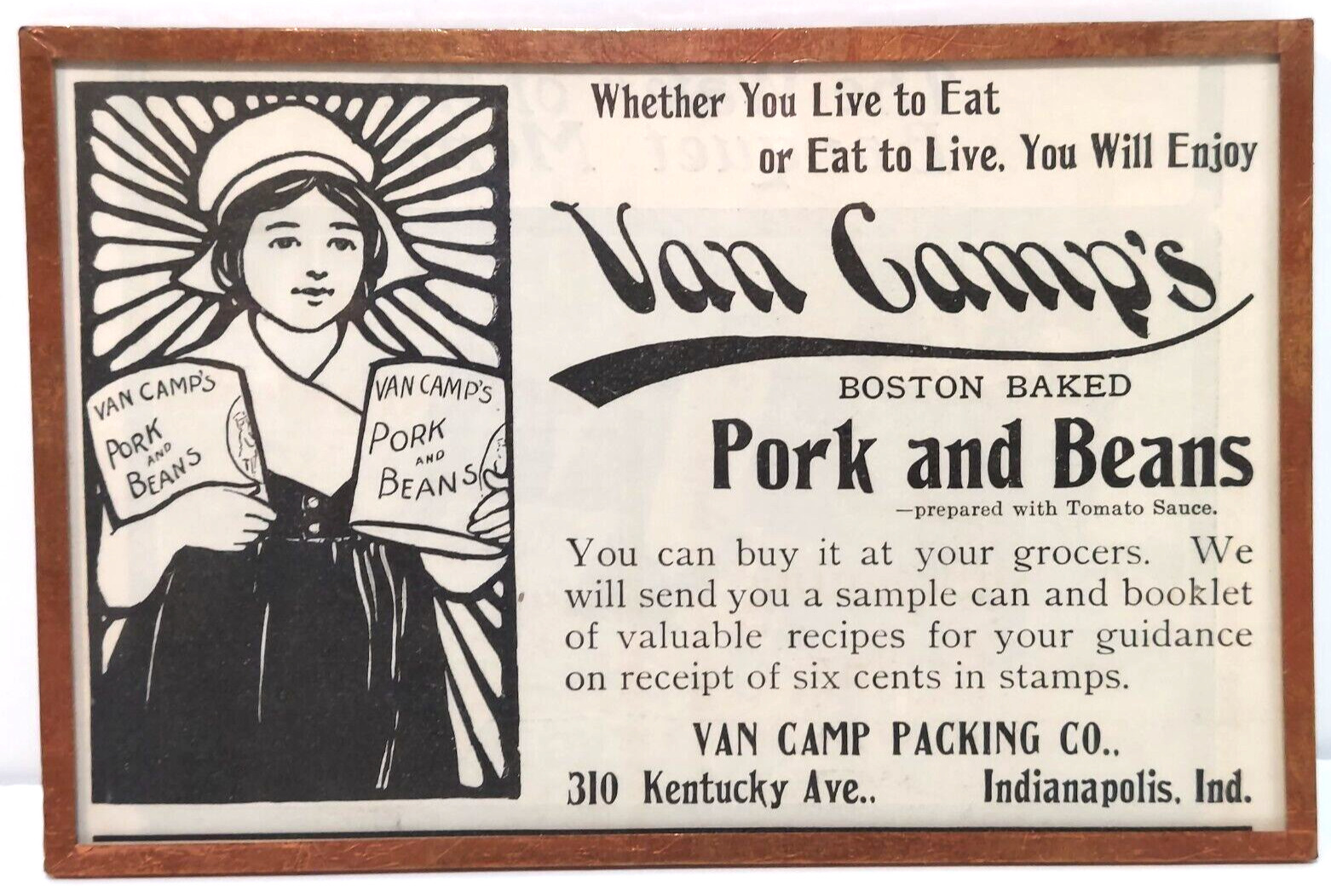 RARE 1901 VAN CAMP'S Copper Framed Pork & Beans Print Newspaper Ad Advertisement