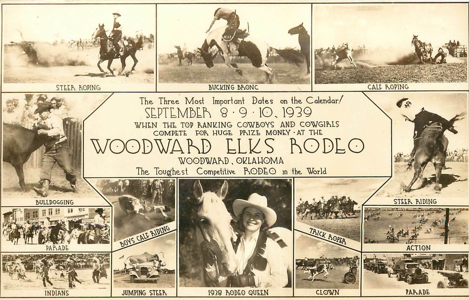 1939 RPPC Multiview Woodward Elks Rodeo, Woodward OK 14 Attractions Depicted