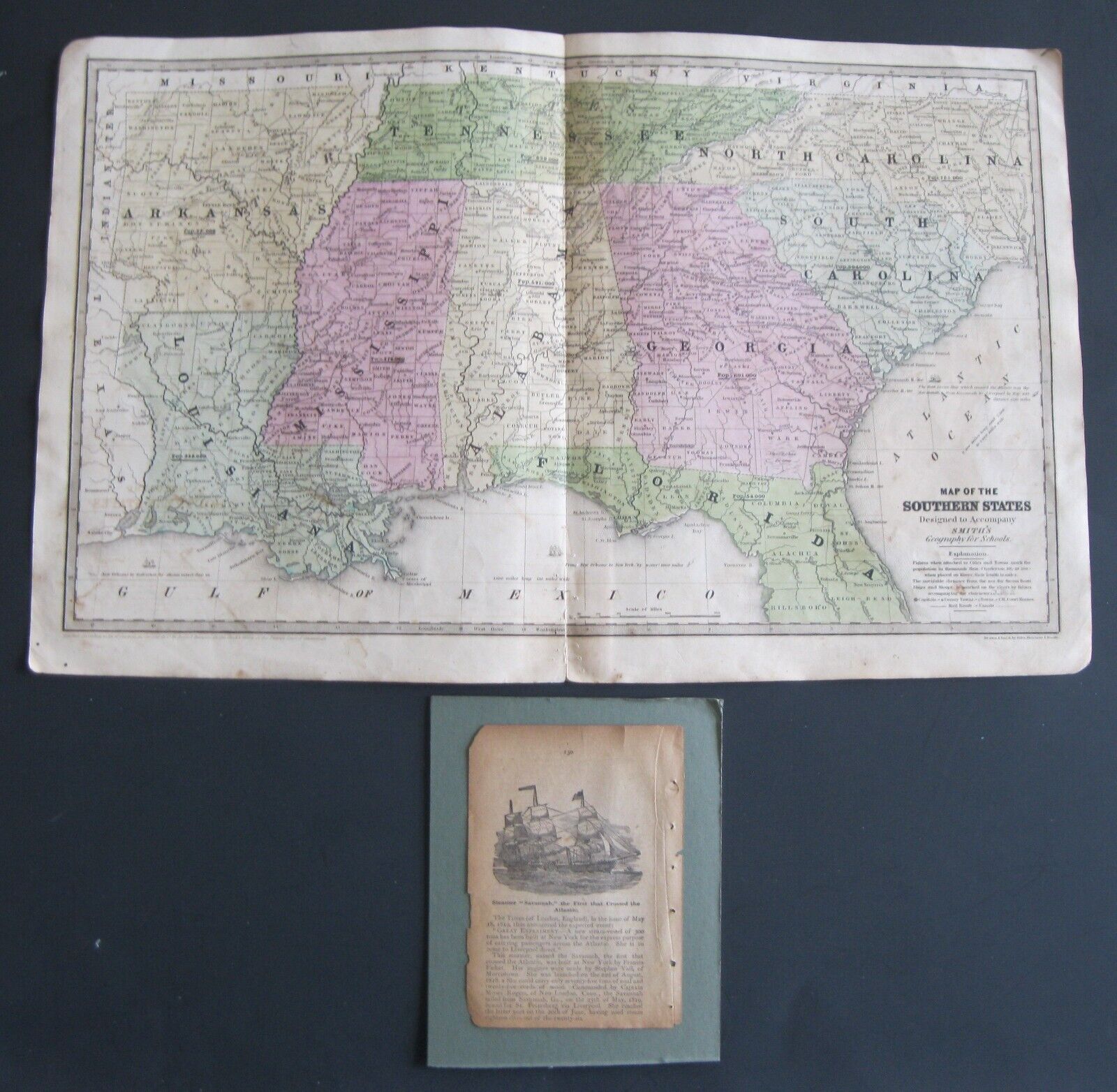 Antique Southern States Smith Map w/Ships+ Woodcut Print  Steamship 