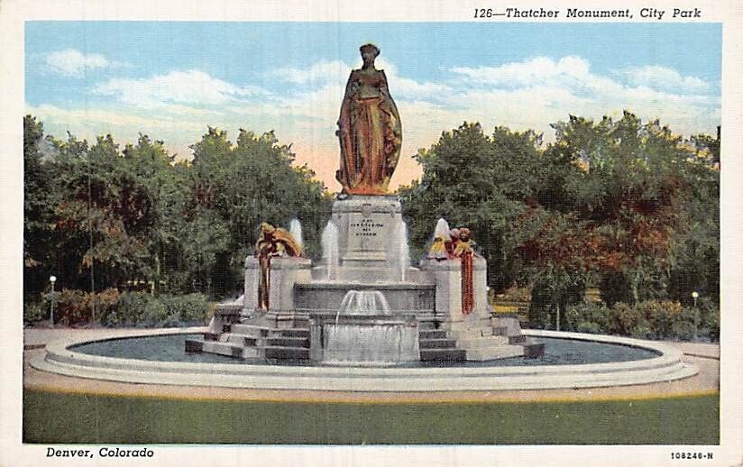 Postcard CO: Thatcher Monument, City Park, Denver, Colorado, Vintage Linen